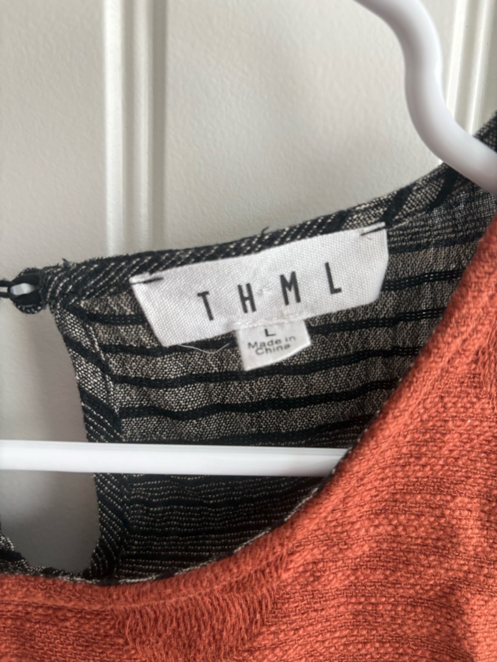 THML Rust and Charcoal Striped Pom-Trim Blouse - Picture 4 of 5